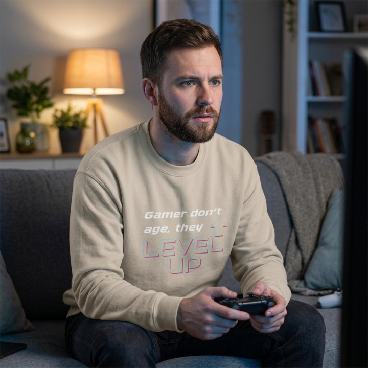 Pull gaming drôle, phrase humour jeu vidéo level up à manches longues